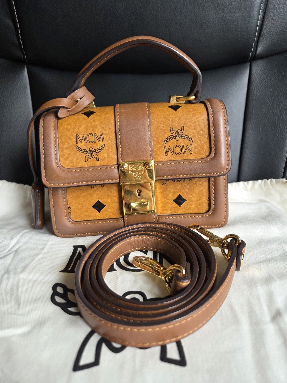 400cad MCM Cognac/Tan Visetos Top-Handle Satchel with Gold Hardware